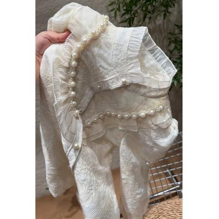 小香风荷叶边泡泡袖蕾丝衬衫女秋冬半高领宫廷上衣高级感钉珠衬衣 服裝批發女裝批發服飾貨源