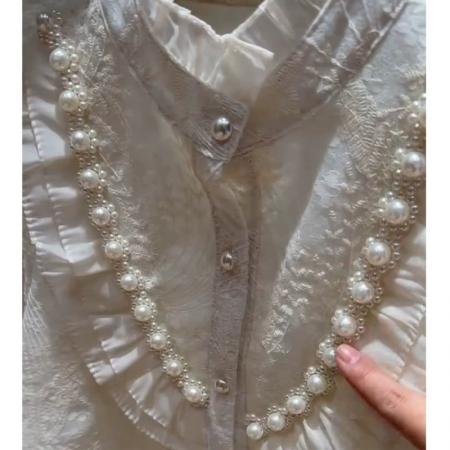 小香风荷叶边泡泡袖蕾丝衬衫女秋冬半高领宫廷上衣高级感钉珠衬衣 服裝批發女裝批發服飾貨源