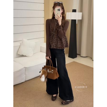 高级感气质套装女秋季新款小个子长袖T恤豹纹吊带背心两件套 服裝批發女裝批發服飾貨源