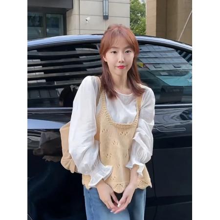 人手款早秋款韩版镂空减龄针织吊带背心+内搭衬衫两件套 服裝批發女裝批發服飾貨源