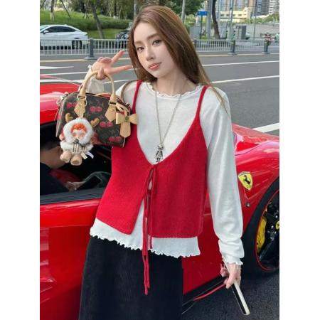 FA45692# 巨好看的秋季套装女一整套穿搭复古叠穿针织衫背心马甲T恤两件套 服裝批發女裝批發服飾貨源