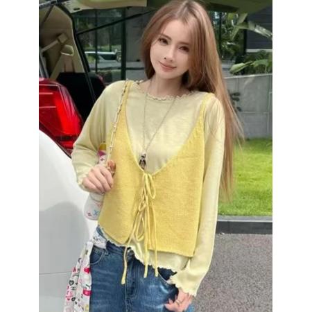 FA45692# 巨好看的秋季套装女一整套穿搭复古叠穿针织衫背心马甲T恤两件套 服裝批發女裝批發服飾貨源