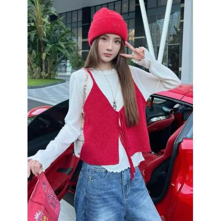 FA45692# 巨好看的秋季套装女一整套穿搭复古叠穿针织衫背心马甲T恤两件套 服裝批發女裝批發服飾貨源