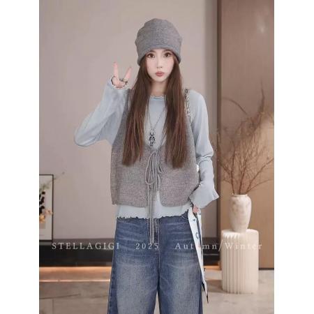 FA45692# 巨好看的秋季套装女一整套穿搭复古叠穿针织衫背心马甲T恤两件套 服裝批發女裝批發服飾貨源