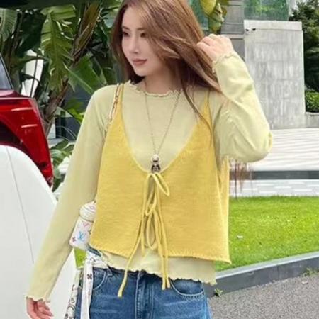 FA45692# 巨好看的秋季套装女一整套穿搭复古叠穿针织衫背心马甲T恤两件套 服裝批發女裝批發服飾貨源