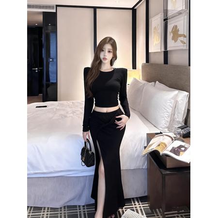 FA45694# 韩系气质镂空露背长袖T恤扭结高腰半身裙两件套套装 服裝批發女裝批發服飾貨源