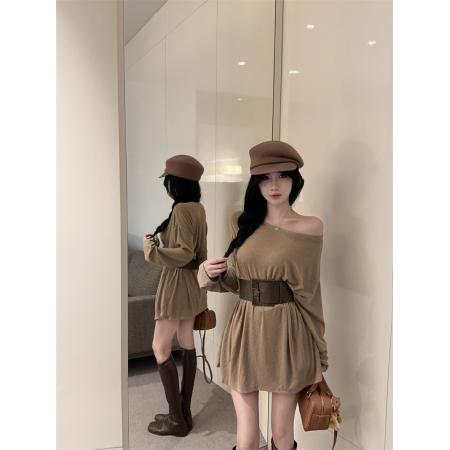 FA45698# 性感露肩小心机长袖收腰显瘦T恤上衣女配宽款皮带 服裝批發女裝批發服飾貨源