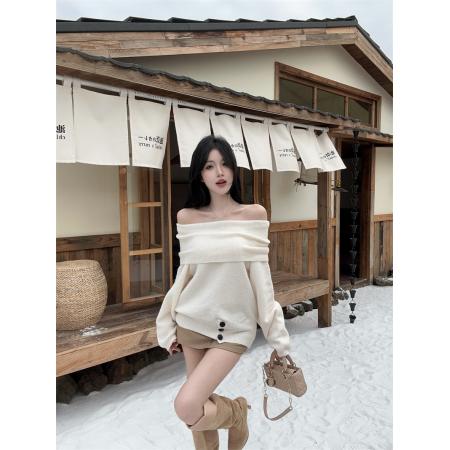 新款好质量一字肩翻领两穿针织衫别致开叉收腰毛衣女 服裝批發女裝批發服飾貨源