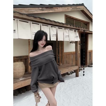 FA45699# 新款好质量一字肩翻领两穿针织衫别致开叉收腰毛衣女 服裝批發女裝批發服飾貨源