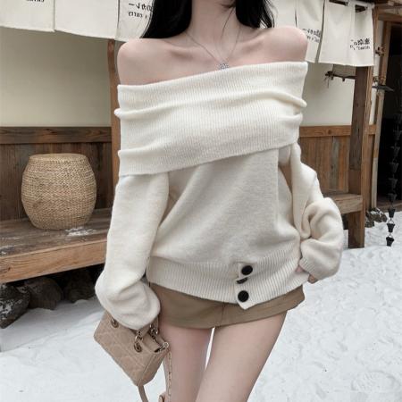 FA45699# 新款好质量一字肩翻领两穿针织衫别致开叉收腰毛衣女 服裝批發女裝批發服飾貨源