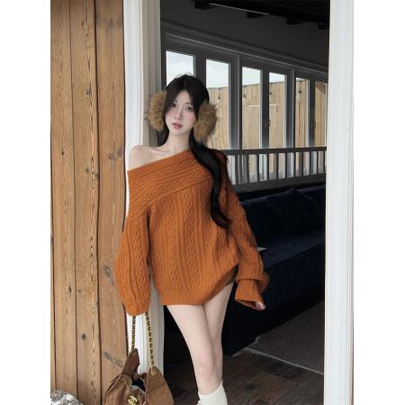 新款超好看一字肩橘色麻花套头加厚毛衣女 服裝批發女裝批發服飾貨源
