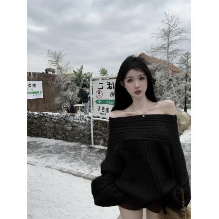 新款超好看一字肩橘色麻花套头加厚毛衣女 服裝批發女裝批發服飾貨源