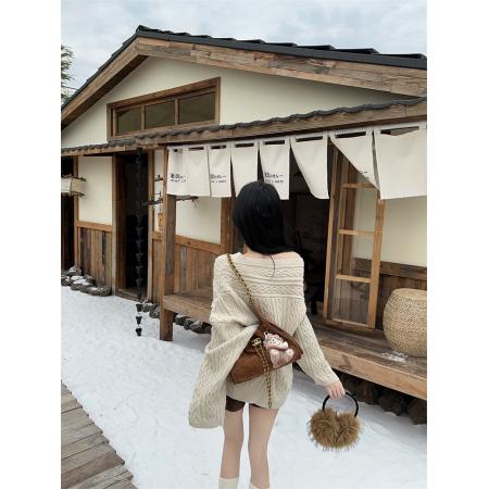 新款超好看一字肩橘色麻花套头加厚毛衣女 服裝批發女裝批發服飾貨源