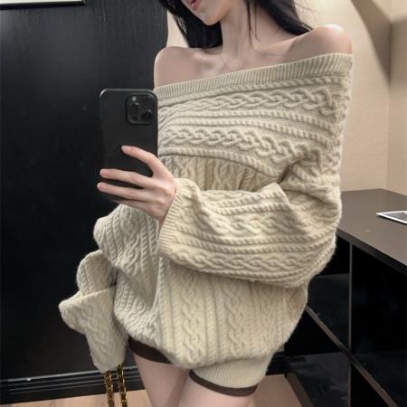 新款超好看一字肩橘色麻花套头加厚毛衣女 服裝批發女裝批發服飾貨源