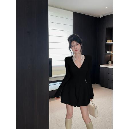 FA45701# 性感辣妹V领针织连衣裙+内搭蕾丝背心女 服裝批發女裝批發服飾貨源