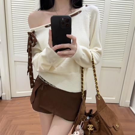 FA45702# 新款绝美奶绿一字肩波点绑带长袖针织毛衣女 服裝批發女裝批發服飾貨源