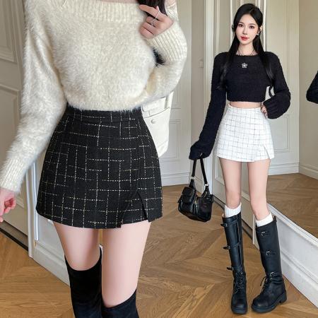 小香风短裙女秋冬款高腰A字半身裙裤一体假两件 服裝批發女裝批發服飾貨源