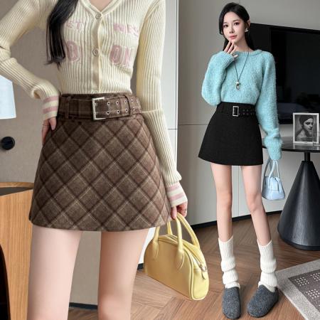 秋冬款毛呢格子半身裙韩版百搭显瘦a字包臀短裙 服裝批發女裝批發服飾貨源