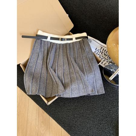韩版秋新款学院风针织半身裙女显瘦百搭a字百褶裙配腰带 服裝批發女裝批發服飾貨源