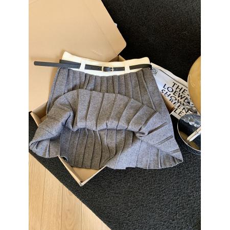 韩版秋新款学院风针织半身裙女显瘦百搭a字百褶裙配腰带 服裝批發女裝批發服飾貨源