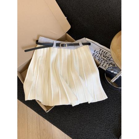 韩版秋新款学院风针织半身裙女显瘦百搭a字百褶裙配腰带 服裝批發女裝批發服飾貨源
