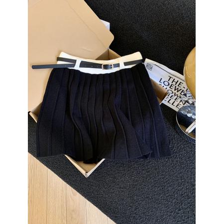 韩版秋新款学院风针织半身裙女显瘦百搭a字百褶裙配腰带 服裝批發女裝批發服飾貨源