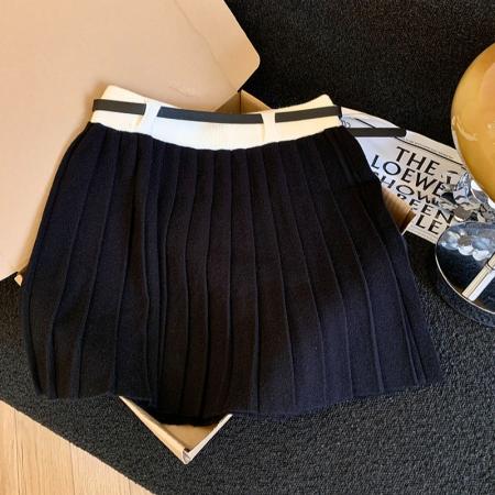 韩版秋新款学院风针织半身裙女显瘦百搭a字百褶裙配腰带 服裝批發女裝批發服飾貨源