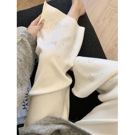 烫钻黑色针织阔腿裤女秋季休闲抽绳松紧高腰垂感直筒休闲裤 服裝批發女裝批發服飾貨源