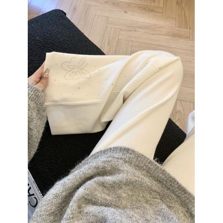 烫钻黑色针织阔腿裤女秋季休闲抽绳松紧高腰垂感直筒休闲裤 服裝批發女裝批發服飾貨源