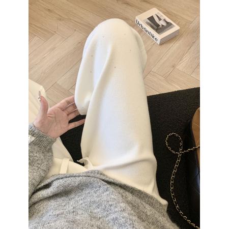 烫钻黑色针织阔腿裤女秋季休闲抽绳松紧高腰垂感直筒休闲裤 服裝批發女裝批發服飾貨源