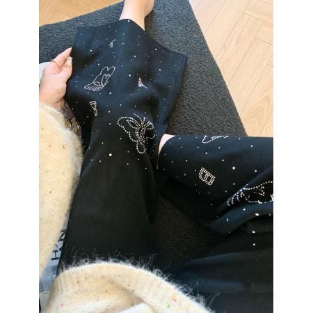 烫钻黑色针织阔腿裤女秋季休闲抽绳松紧高腰垂感直筒休闲裤 服裝批發女裝批發服飾貨源