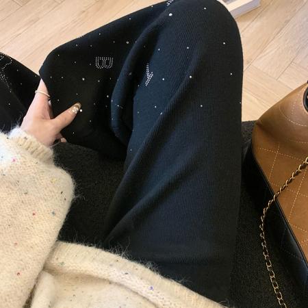 烫钻黑色针织阔腿裤女秋季休闲抽绳松紧高腰垂感直筒休闲裤 服裝批發女裝批發服飾貨源