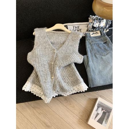 FA45708# 新款韩系时尚温柔风蕾丝衬衣女秋冬叠穿V领针织马甲上衣女 服裝批發女裝批發服飾貨源