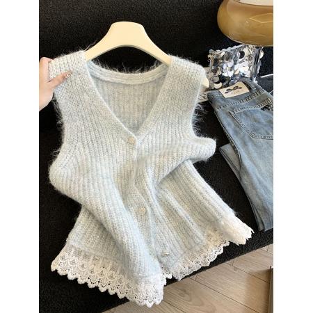 FA45708# 新款韩系时尚温柔风蕾丝衬衣女秋冬叠穿V领针织马甲上衣女 服裝批發女裝批發服飾貨源