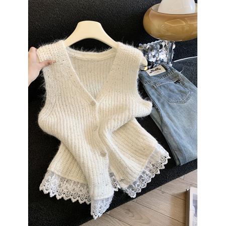 FA45708# 新款韩系时尚温柔风蕾丝衬衣女秋冬叠穿V领针织马甲上衣女 服裝批發女裝批發服飾貨源
