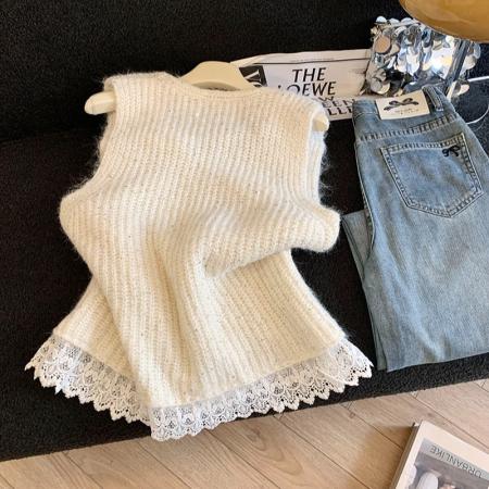 FA45708# 新款韩系时尚温柔风蕾丝衬衣女秋冬叠穿V领针织马甲上衣女 服裝批發女裝批發服飾貨源