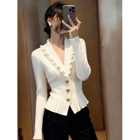 小香风荷叶边V领针织衫女秋冬高端毛衣独特漂亮气质修身白色上衣 服裝批發女裝批發服飾貨源