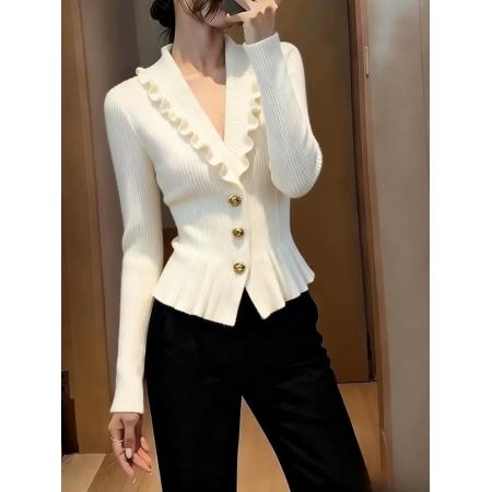 小香风荷叶边V领针织衫女秋冬高端毛衣独特漂亮气质修身白色上衣 服裝批發女裝批發服飾貨源