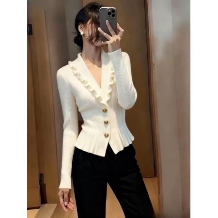 小香风荷叶边V领针织衫女秋冬高端毛衣独特漂亮气质修身白色上衣 服裝批發女裝批發服飾貨源