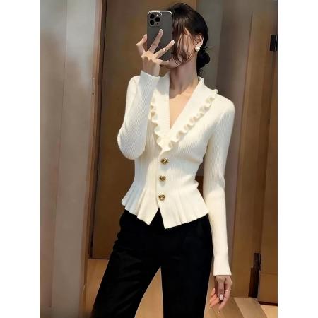 小香风荷叶边V领针织衫女秋冬高端毛衣独特漂亮气质修身白色上衣 服裝批發女裝批發服飾貨源