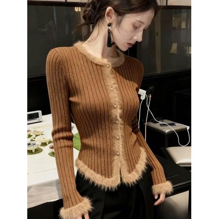 绝美巨好看早秋上衣女设计感小众气质高端掐腰小香风咖色针织毛衣 服裝批發女裝批發服飾貨源