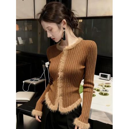 绝美巨好看早秋上衣女设计感小众气质高端掐腰小香风咖色针织毛衣 服裝批發女裝批發服飾貨源