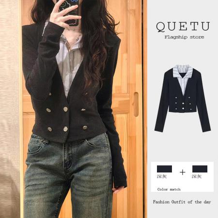 FA45715# 拼接翻领长袖针织衫女秋季新款设计感小个子法式开衫独特别致上衣 服裝批發女裝批發服飾貨源