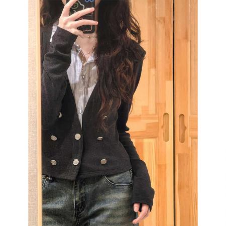 FA45715# 拼接翻领长袖针织衫女秋季新款设计感小个子法式开衫独特别致上衣 服裝批發女裝批發服飾貨源