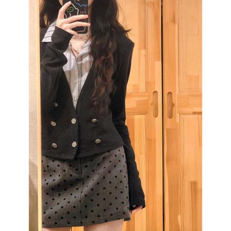 FA45715# 拼接翻领长袖针织衫女秋季新款设计感小个子法式开衫独特别致上衣 服裝批發女裝批發服飾貨源