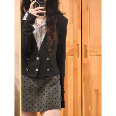 FA45715# 拼接翻领长袖针织衫女秋季新款设计感小个子法式开衫独特别致上衣 服裝批發女裝批發服飾貨源