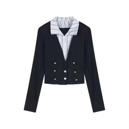 FA45715# 拼接翻领长袖针织衫女秋季新款设计感小个子法式开衫独特别致上衣 服裝批發女裝批發服飾貨源