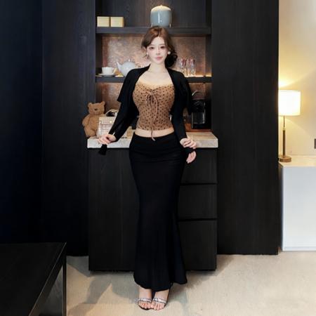 蕾丝拼接波点纯欲吊带背心长袖开衫女冬套装鱼尾裙半裙三件套 服裝批發女裝批發服飾貨源