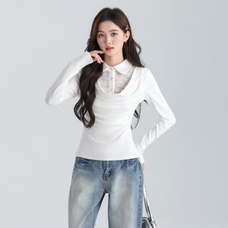 假两件蕾丝拼接翻polo荡领长袖T恤秋冬修身内搭上衣 服裝批發女裝批發服飾貨源