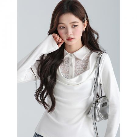 假两件蕾丝拼接翻polo荡领长袖T恤秋冬修身内搭上衣 服裝批發女裝批發服飾貨源